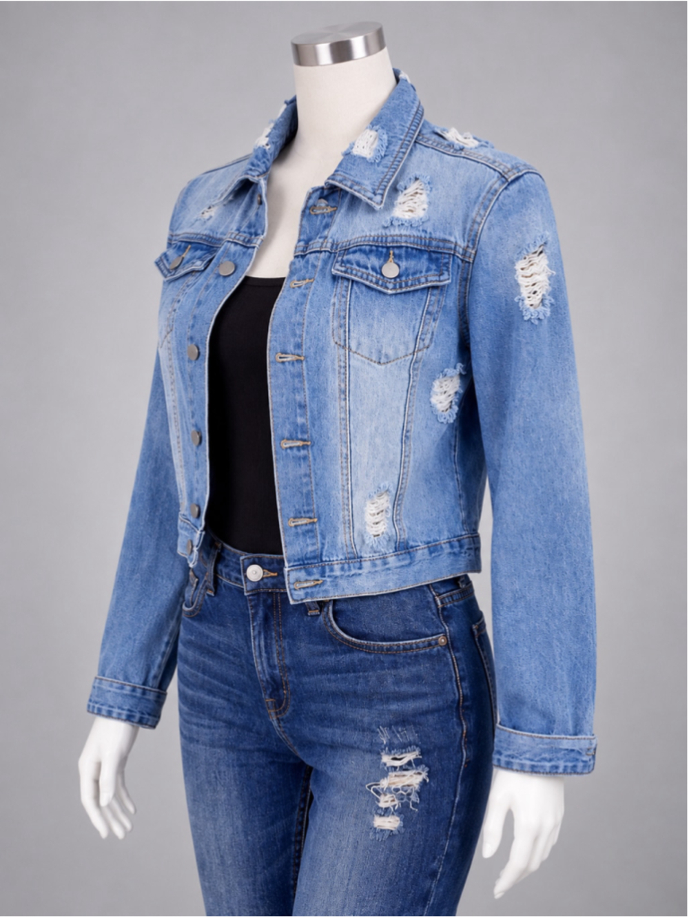 Distressed Blue Ripped Button-Up Denim Jacket – Size M - Picture 8 of 8